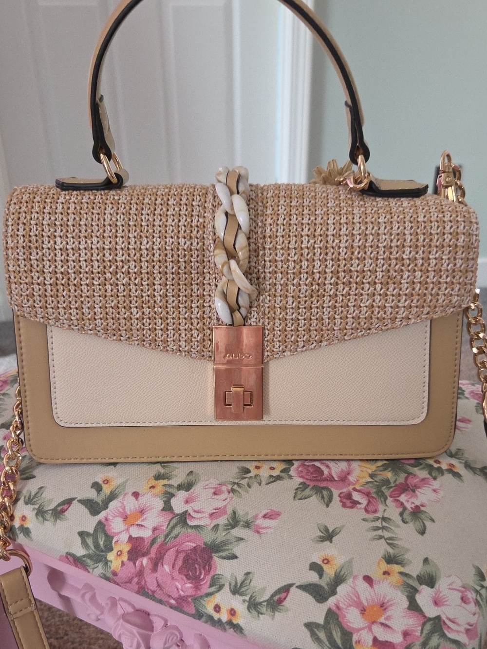 Aldo Beige and Cream Woven-Trim Shoulder Bag